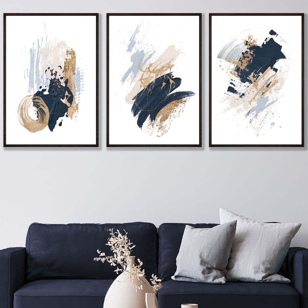 Set von 3 Abstract Postern aus Ölgemälden in Blau und Gold