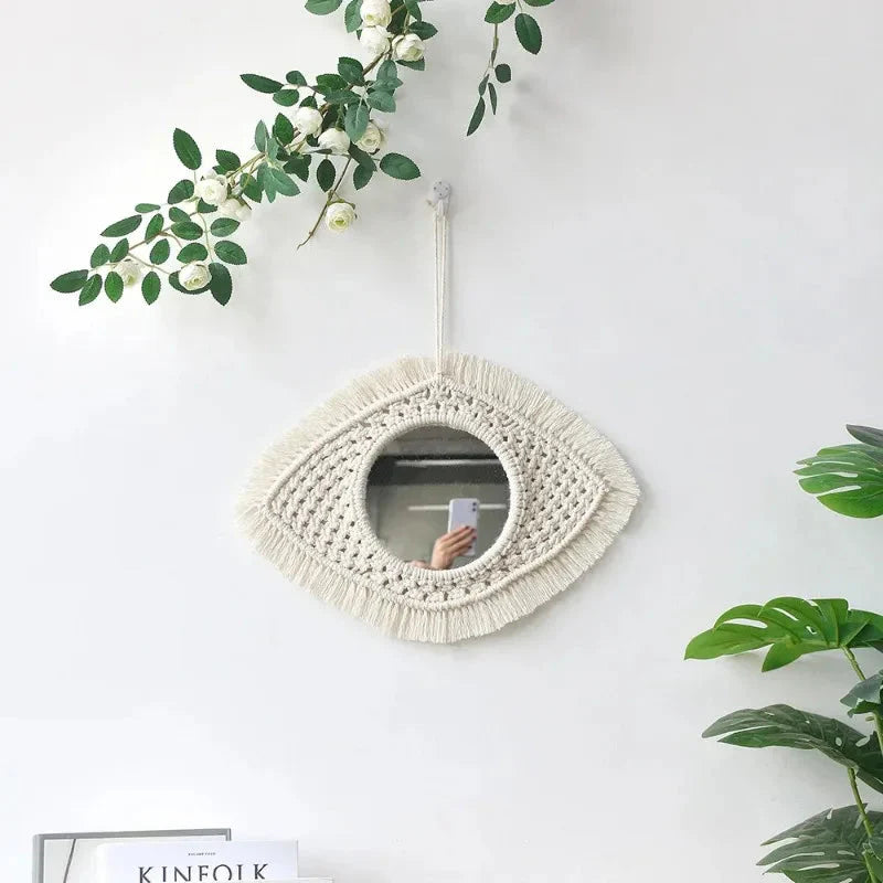 Boho Gewebter Spiegel Blatt Feder Wohnzimmer Schlafzimmer Wandbehang Veranda Dekor Spiegel Handgewebter Wandteppich Spiegel Dekor Raum