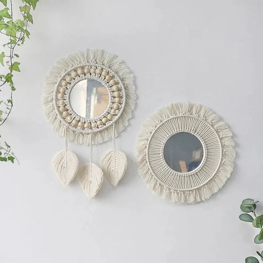 Boho Gewebter Spiegel Blatt Feder Wohnzimmer Schlafzimmer Wandbehang Veranda Dekor Spiegel Handgewebter Wandteppich Spiegel Dekor Raum
