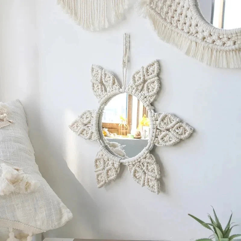 Boho Gewebter Spiegel Blatt Feder Wohnzimmer Schlafzimmer Wandbehang Veranda Dekor Spiegel Handgewebter Wandteppich Spiegel Dekor Raum