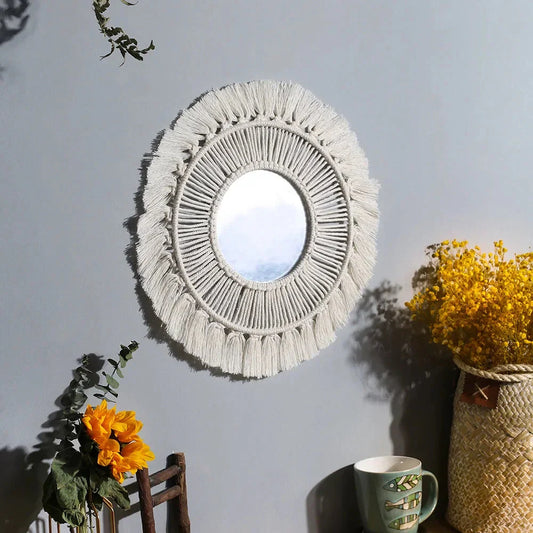 Boho Gewebter Spiegel Blatt Feder Wohnzimmer Schlafzimmer Wandbehang Veranda Dekor Spiegel Handgewebter Wandteppich Spiegel Dekor Raum