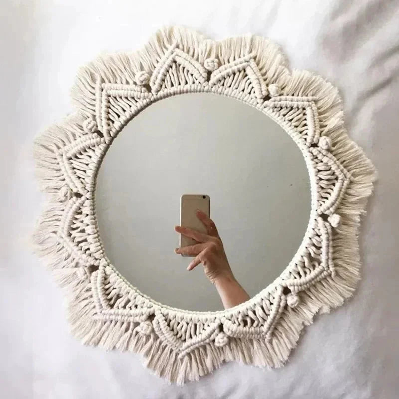 Boho Gewebter Spiegel Blatt Feder Wohnzimmer Schlafzimmer Wandbehang Veranda Dekor Spiegel Handgewebter Wandteppich Spiegel Dekor Raum