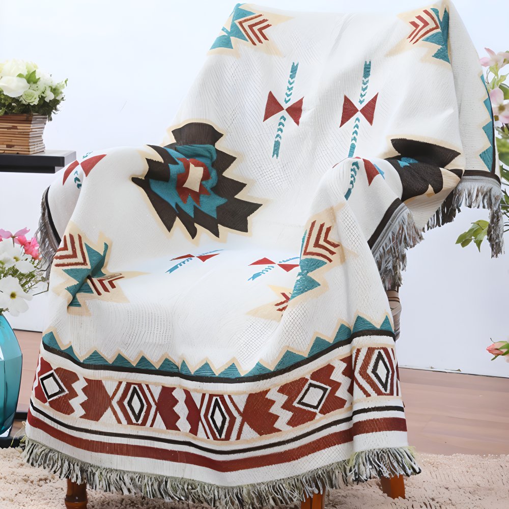 Frendorf | BohoFab Decke - Luxe Boho Blanket Throw - Geometrische Ethnic Tassel Tapestry Decke