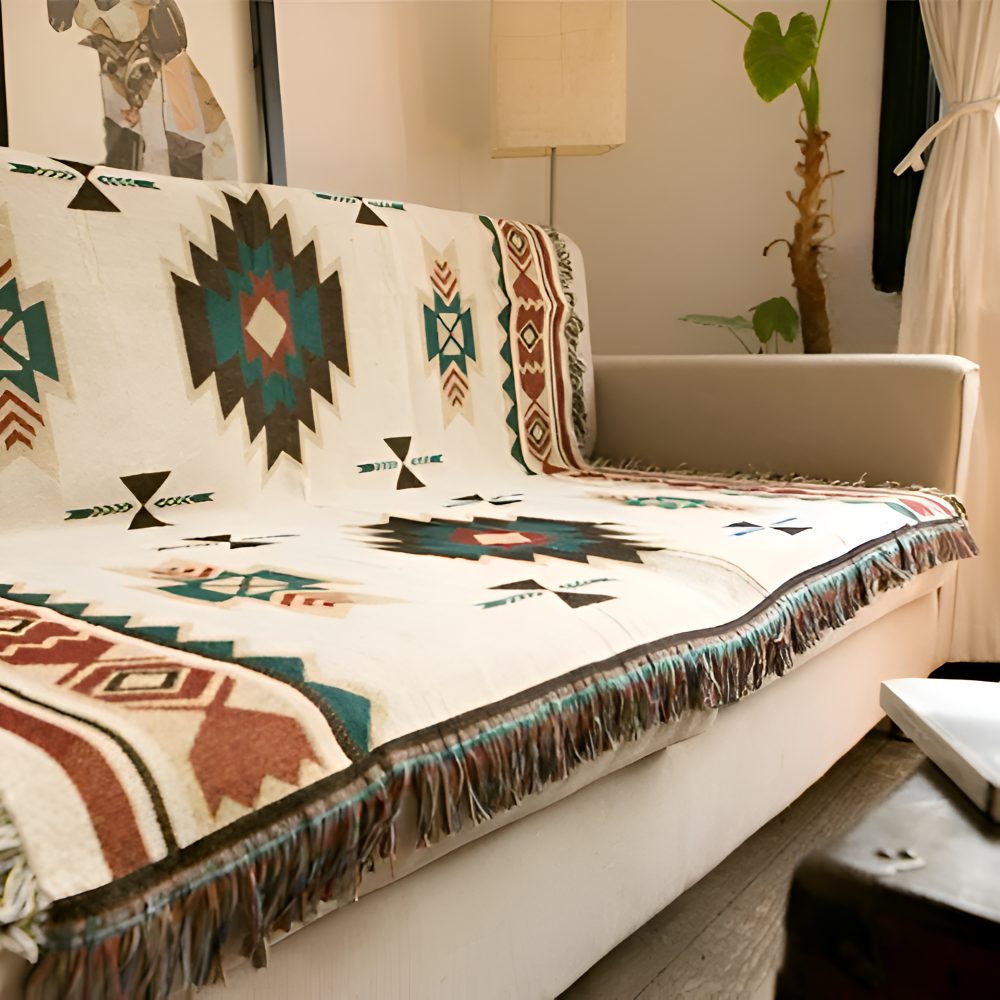 Frendorf | BohoFab Decke - Luxe Boho Blanket Throw - Geometrische Ethnic Tassel Tapestry Decke