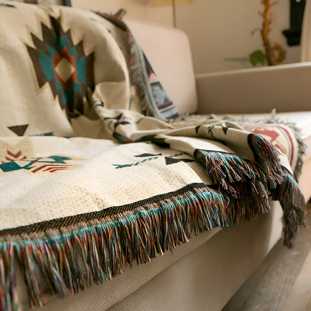 Frendorf | BohoFab Decke - Luxe Boho Blanket Throw - Geometrische Ethnic Tassel Tapestry Decke