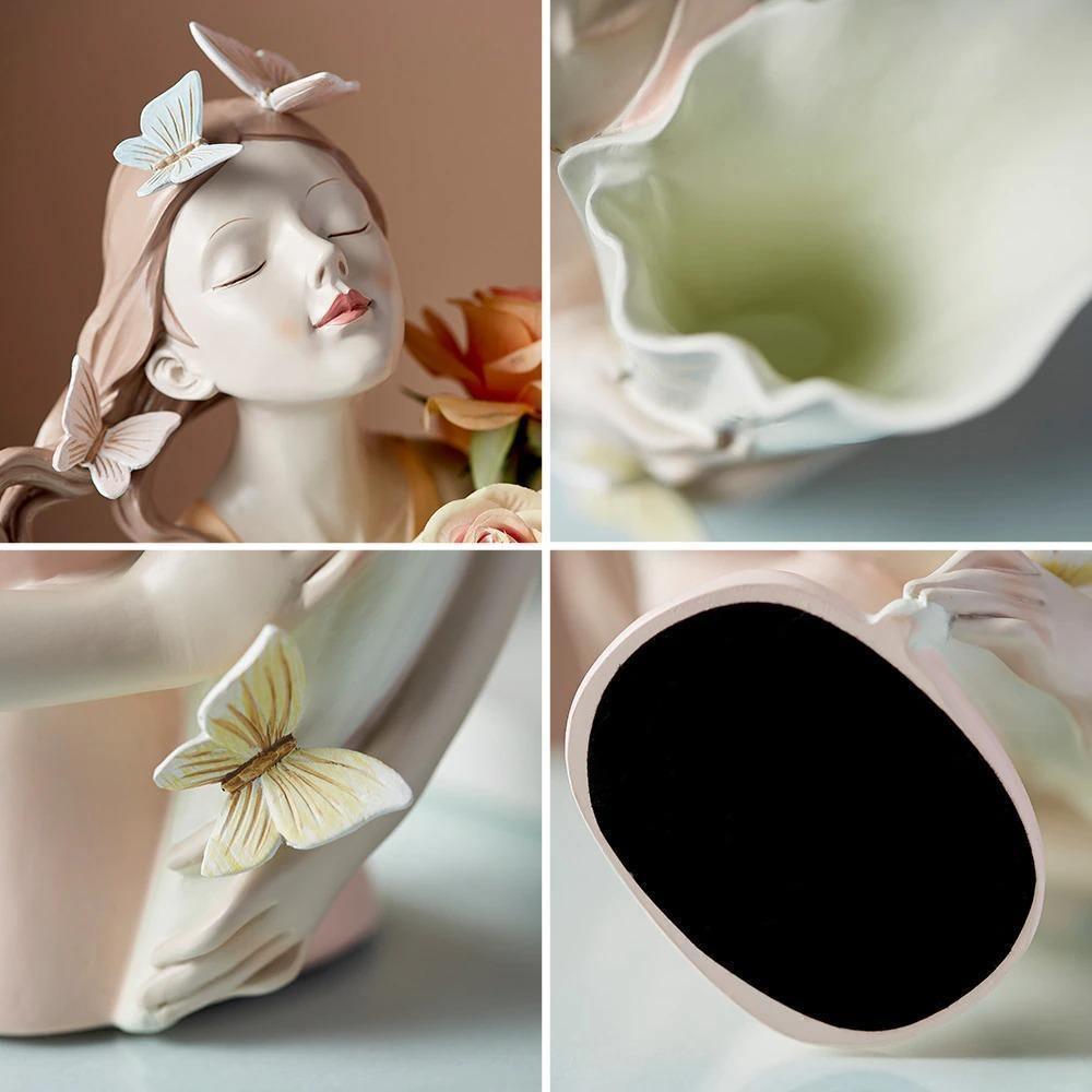 Frendorf | ButterflyAura Mädchenfigur Deko | Stilvolle Schmetterlings-Mädchen Ornamente | Vase & Tablett Design