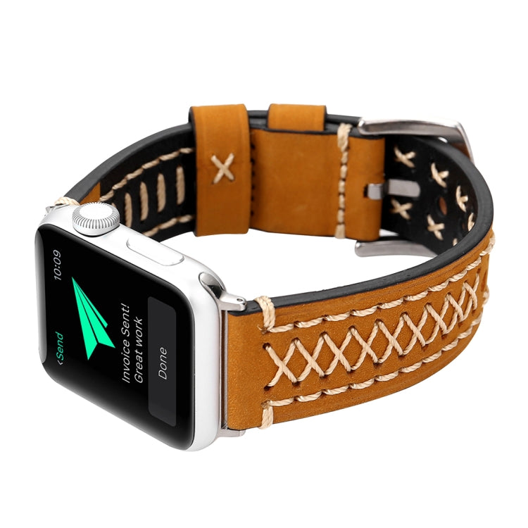 Frendorf | Für Apple Watch Series 10 42mm / 9&8&7 41mm / SE 3&SE 2&6&SE&5&4 40mm / 3&2&1 38mm Handbuch Linienmuster Echtleder Armbanduhr Band (Khaki)