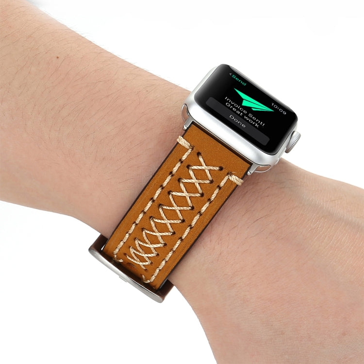 Frendorf | Für Apple Watch Series 10 42mm / 9&8&7 41mm / SE 3&SE 2&6&SE&5&4 40mm / 3&2&1 38mm Handbuch Linienmuster Echtleder Armbanduhr Band (Khaki)