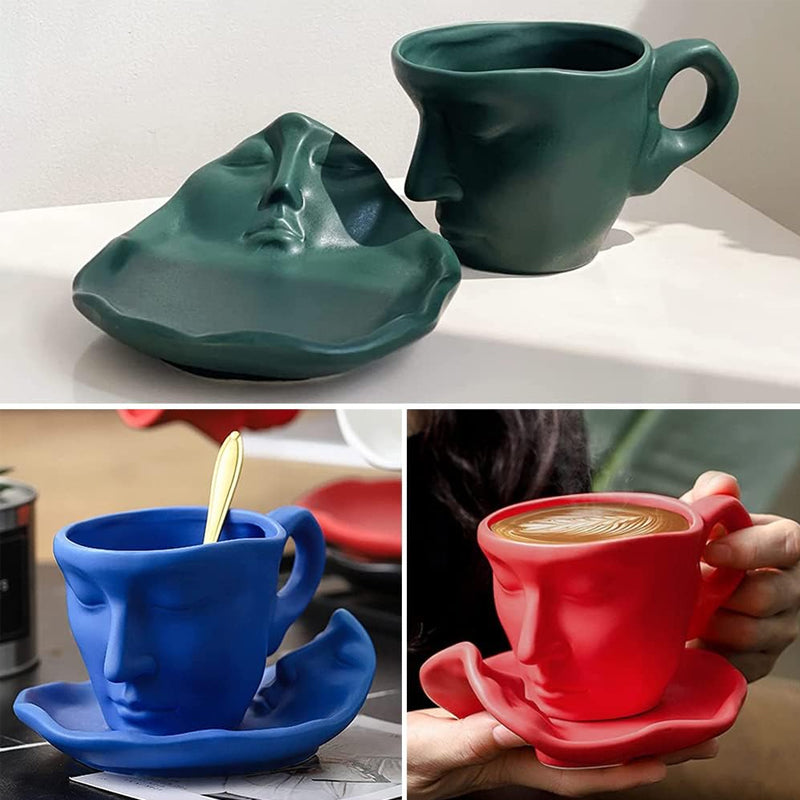 Frendorf | Metal Touching Face Kreative Keramische Kiss Kaffee Becher, Künstlerisches Vibe Becher & Untertasse Set