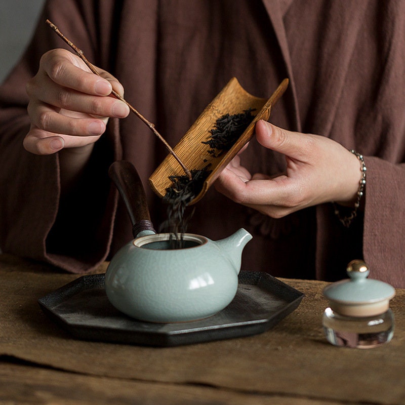 Keramische Kyusu-Teekanne mit Holz-Seitengriff I Japanische Keramische Teekanne
