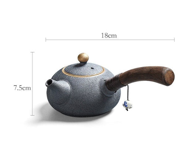Keramische Kyusu-Teekanne mit Holz-Seitengriff I Japanische Keramische Teekanne