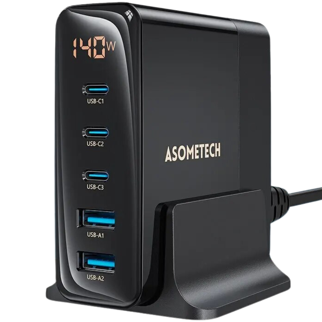 Frendorf | 140W GaN Schnellladegerät: Premium Desktop-Ladestation | 5 USB-Anschlüsse Charging Station Dockingstation ASOMETECH | Laptop, MacBook, iPhone, Samsung