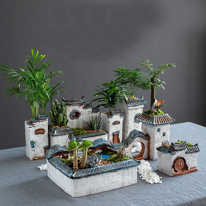 Chinesisches Antikes Haus Retro Gebäude Keramischer Blumentopf Dekoration Garten Bonsai Figuren Miniaturen Hausverzierungen Kostenloser Versand