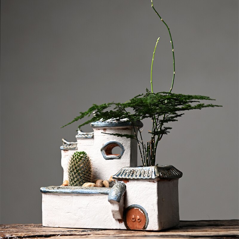 Chinesisches Antikes Haus Retro Gebäude Keramischer Blumentopf Dekoration Garten Bonsai Figuren Miniaturen Hausverzierungen Kostenloser Versand