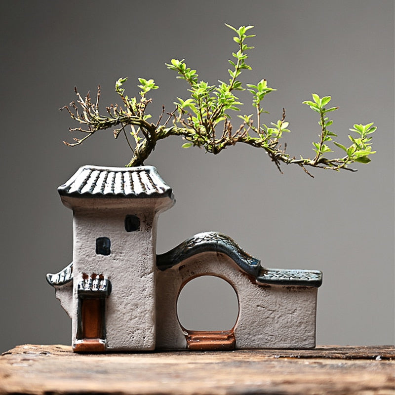 Chinesisches Antikes Haus Retro Gebäude Keramischer Blumentopf Dekoration Garten Bonsai Figuren Miniaturen Hausverzierungen Kostenloser Versand