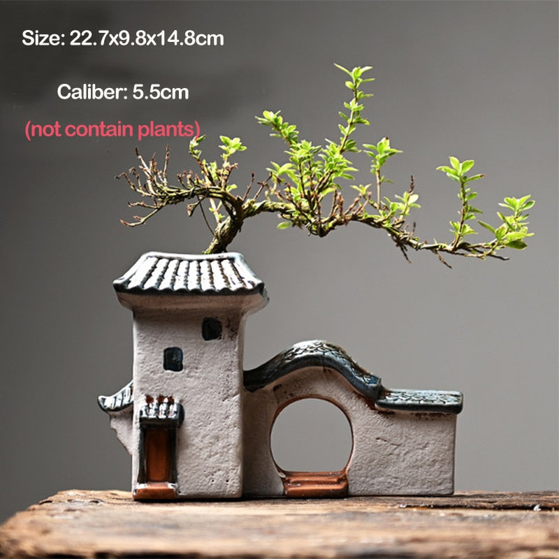 Chinesisches Antikes Haus Retro Gebäude Keramischer Blumentopf Dekoration Garten Bonsai Figuren Miniaturen Hausverzierungen Kostenloser Versand