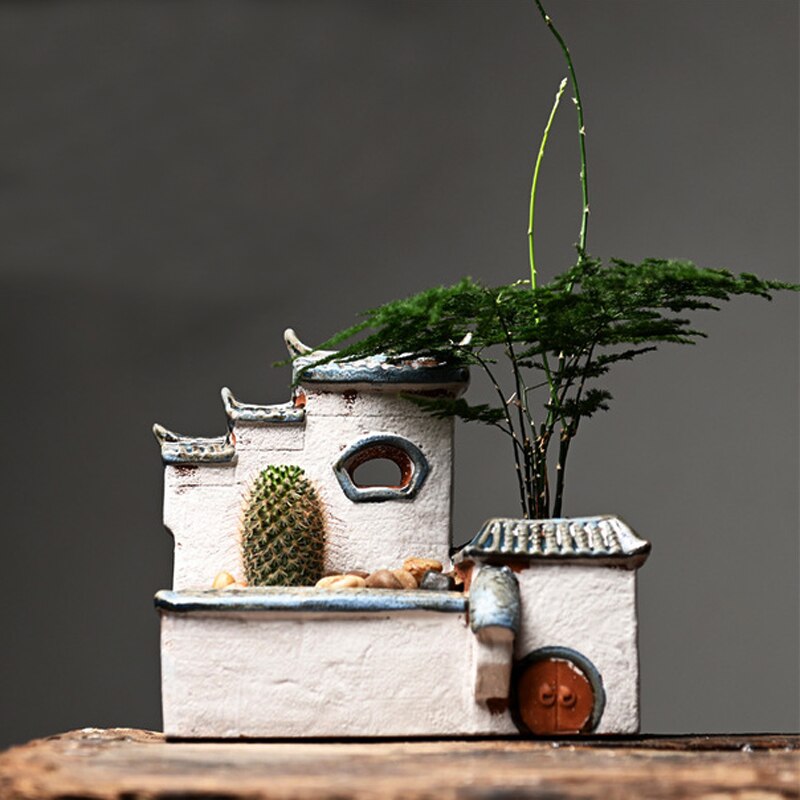 Chinesisches Antikes Haus Retro Gebäude Keramischer Blumentopf Dekoration Garten Bonsai Figuren Miniaturen Hausverzierungen Kostenloser Versand