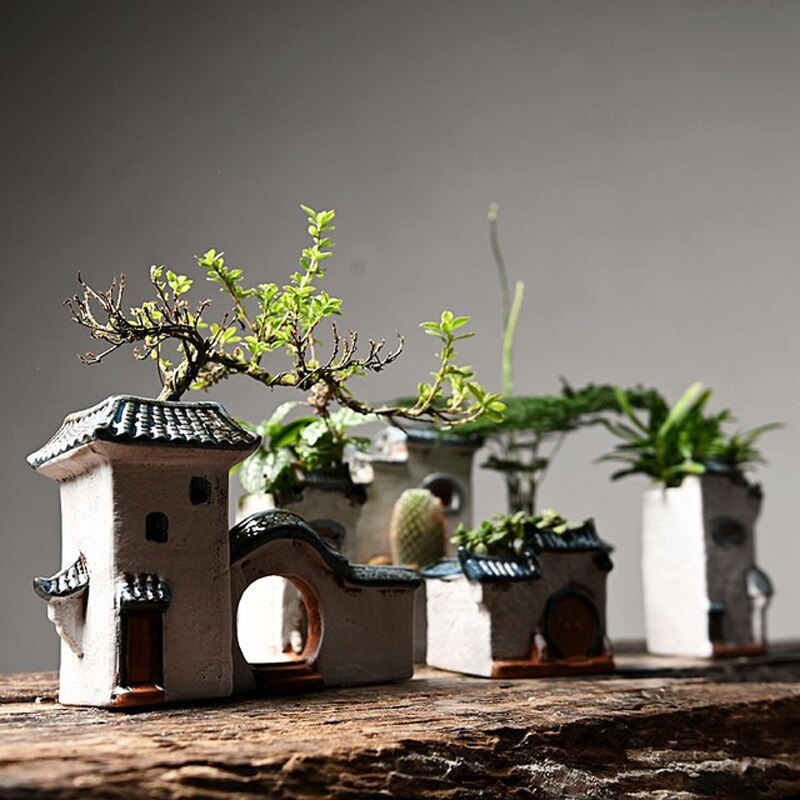 Chinesisches Antikes Haus Retro Gebäude Keramischer Blumentopf Dekoration Garten Bonsai Figuren Miniaturen Hausverzierungen Kostenloser Versand