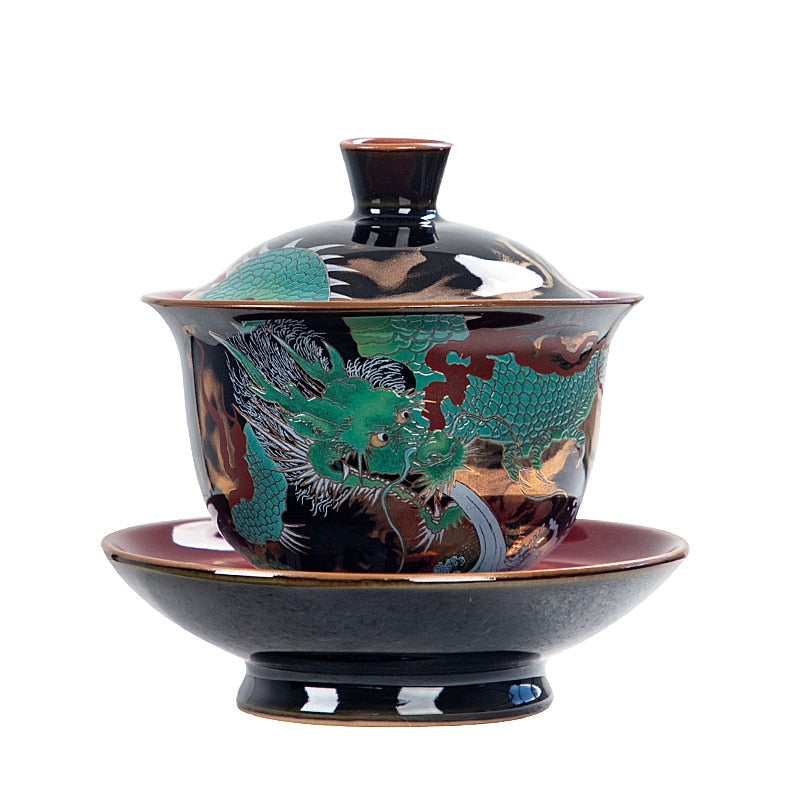 Chinesischer Grüner Drache Gaiwan Draht Emaille Keramische Jucai Teeschale Vintage Palaststil Kung Fu Teeset Luxuriöse Geschäftsgeschenke