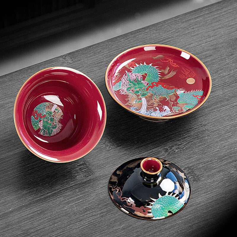 Chinesischer Grüner Drache Gaiwan Draht Emaille Keramische Jucai Teeschale Vintage Palaststil Kung Fu Teeset Luxuriöse Geschäftsgeschenke