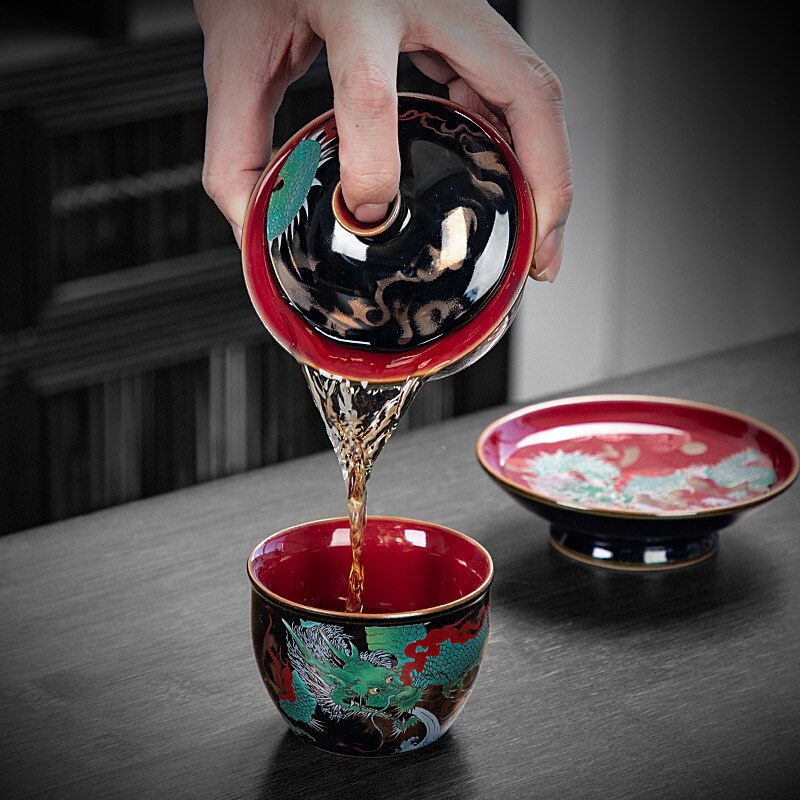 Chinesischer Grüner Drache Gaiwan Draht Emaille Keramische Jucai Teeschale Vintage Palaststil Kung Fu Teeset Luxuriöse Geschäftsgeschenke