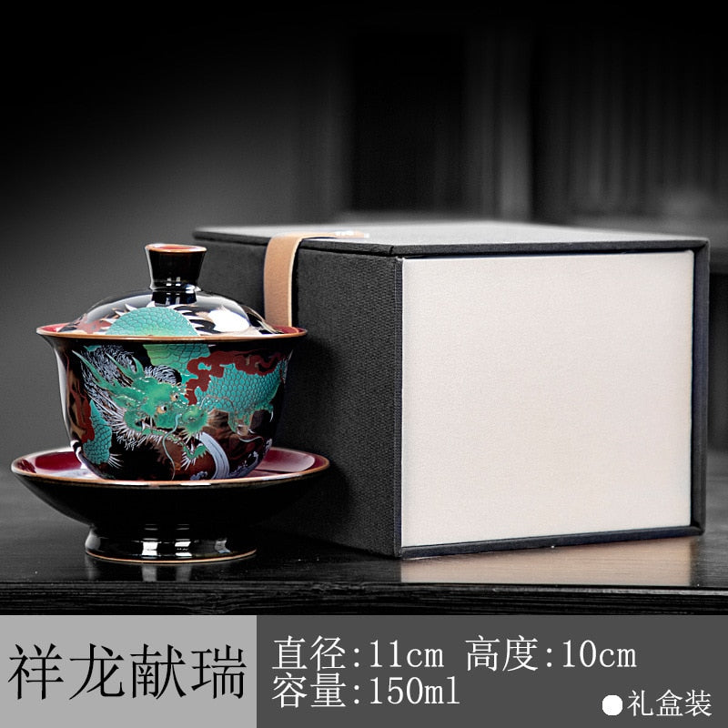 Chinesischer Grüner Drache Gaiwan Draht Emaille Keramische Jucai Teeschale Vintage Palaststil Kung Fu Teeset Luxuriöse Geschäftsgeschenke