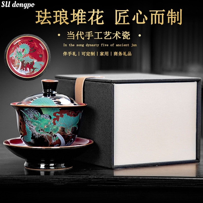 Chinesischer Grüner Drache Gaiwan Draht Emaille Keramische Jucai Teeschale Vintage Palaststil Kung Fu Teeset Luxuriöse Geschäftsgeschenke