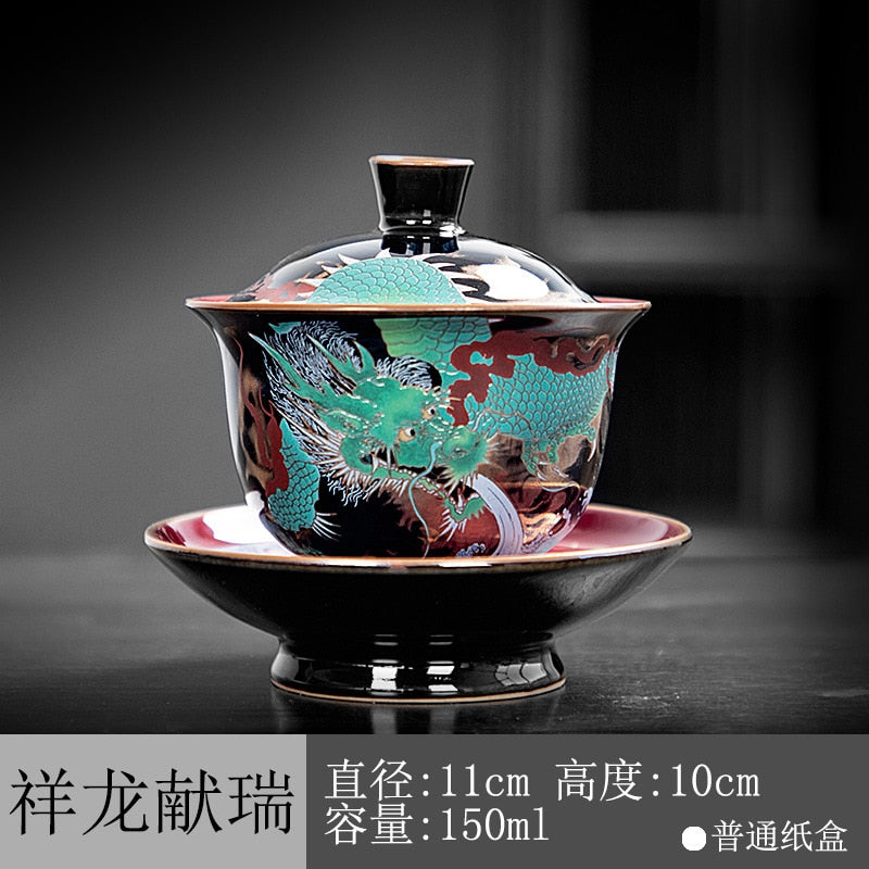 Chinesischer Grüner Drache Gaiwan Draht Emaille Keramische Jucai Teeschale Vintage Palaststil Kung Fu Teeset Luxuriöse Geschäftsgeschenke