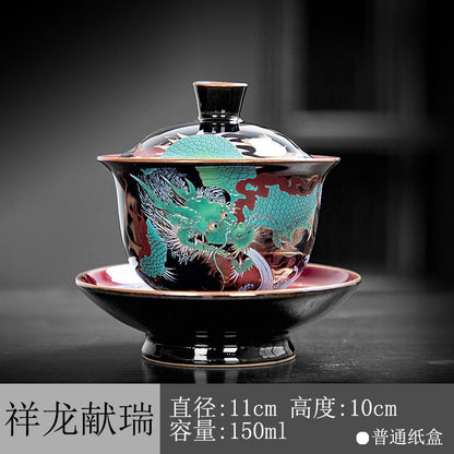 Chinesischer Grüner Drache Gaiwan Draht Emaille Keramische Jucai Teeschale Vintage Palaststil Kung Fu Teeset Luxuriöse Geschäftsgeschenke