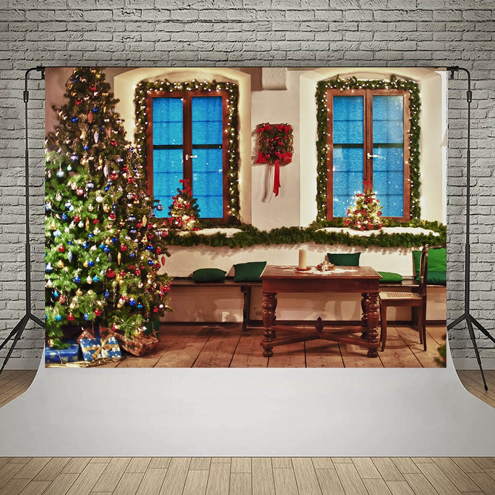 Weihnachtsfotografie Hintergrund Fotocall Fenster Baum Geschenk Party Dekor Hintergrund Portrait Fotografie Kinder Foto Studio