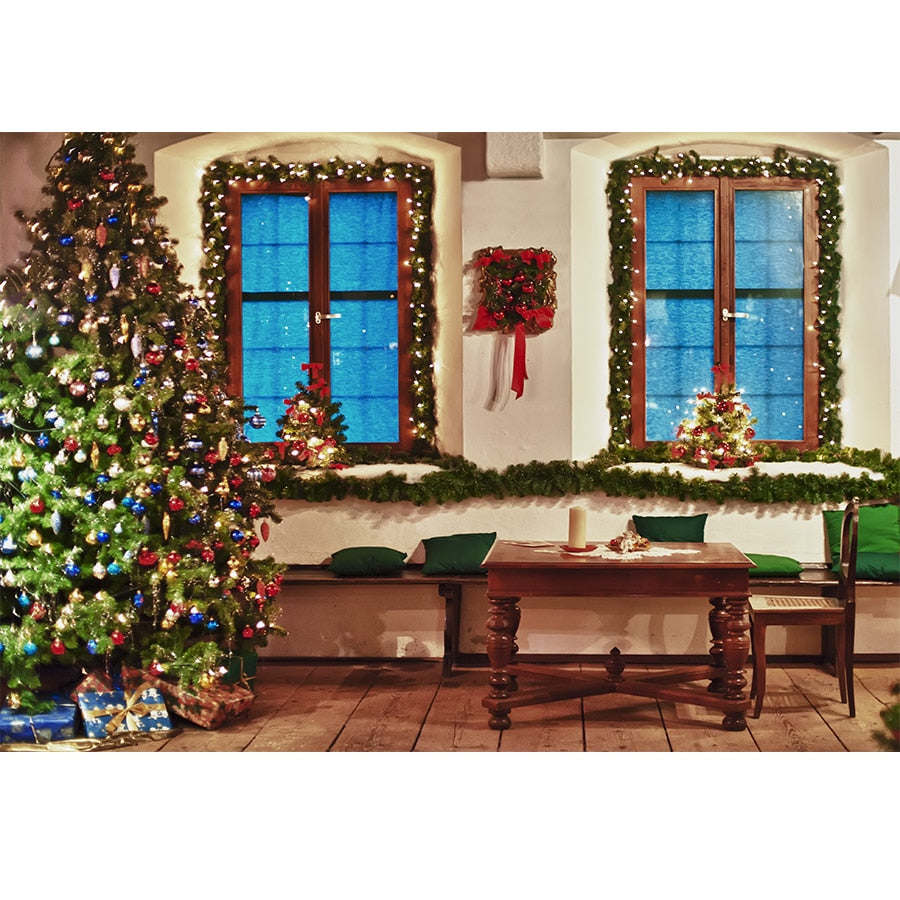 Weihnachtsfotografie Hintergrund Fotocall Fenster Baum Geschenk Party Dekor Hintergrund Portrait Fotografie Kinder Foto Studio