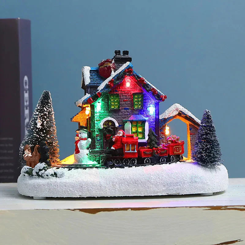 Weihnachtskleines Zugdorf, Schneehütte, leuchtendes Harzornament, farbiges LED-Licht, Musiklandschaft, Tischdekoration, Geschenke