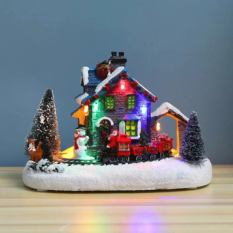 Weihnachtskleines Zugdorf, Schneehütte, leuchtendes Harzornament, farbiges LED-Licht, Musiklandschaft, Tischdekoration, Geschenke
