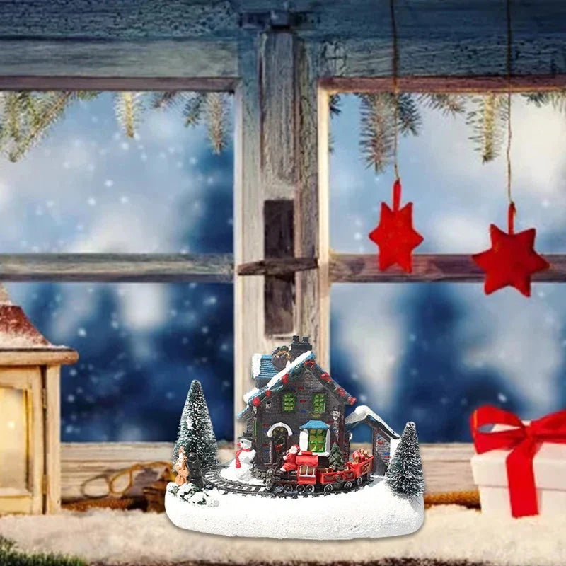 Weihnachtskleines Zugdorf, Schneehütte, leuchtendes Harzornament, farbiges LED-Licht, Musiklandschaft, Tischdekoration, Geschenke