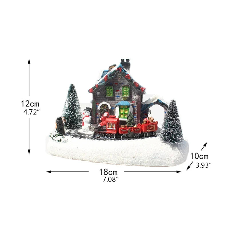Weihnachtskleines Zugdorf, Schneehütte, leuchtendes Harzornament, farbiges LED-Licht, Musiklandschaft, Tischdekoration, Geschenke