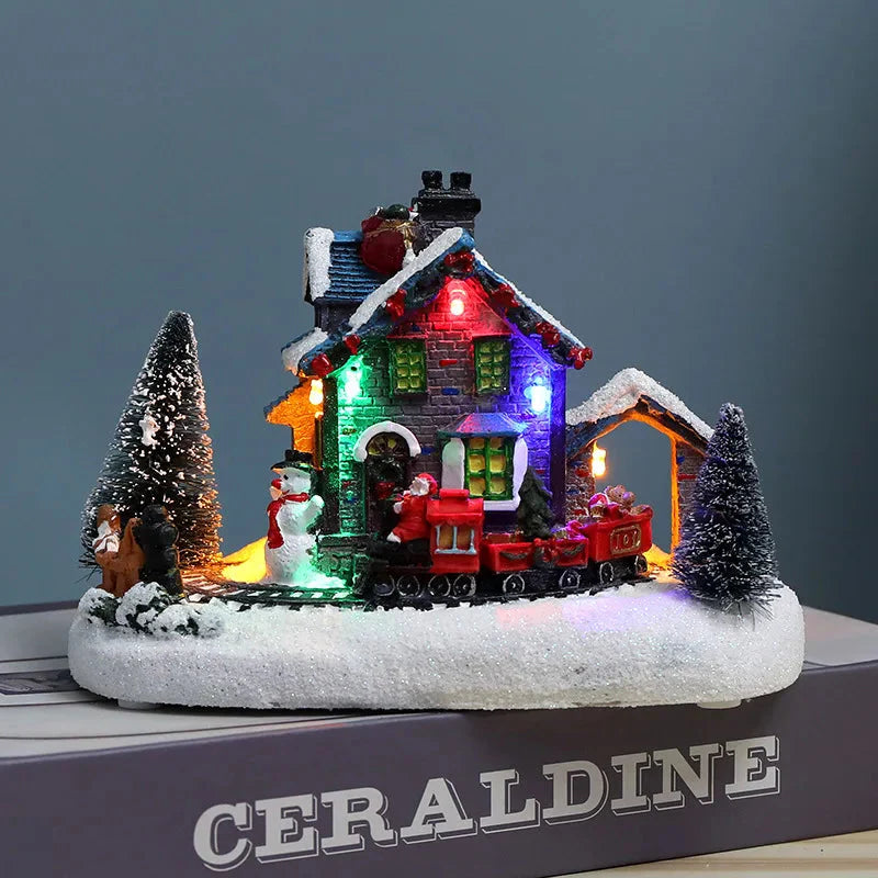 Weihnachtskleines Zugdorf, Schneehütte, leuchtendes Harzornament, farbiges LED-Licht, Musiklandschaft, Tischdekoration, Geschenke