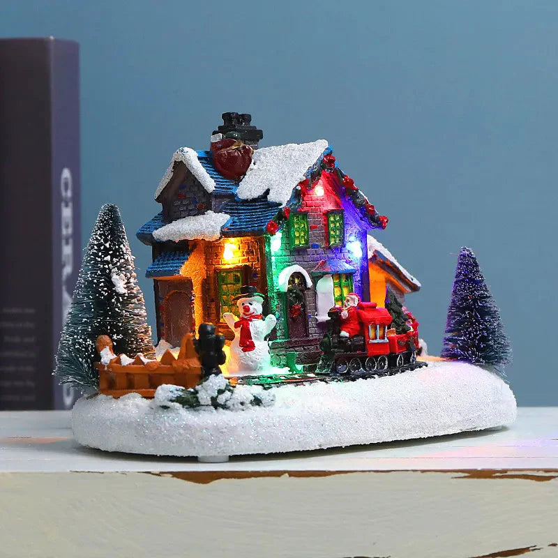 Weihnachtskleines Zugdorf, Schneehütte, leuchtendes Harzornament, farbiges LED-Licht, Musiklandschaft, Tischdekoration, Geschenke