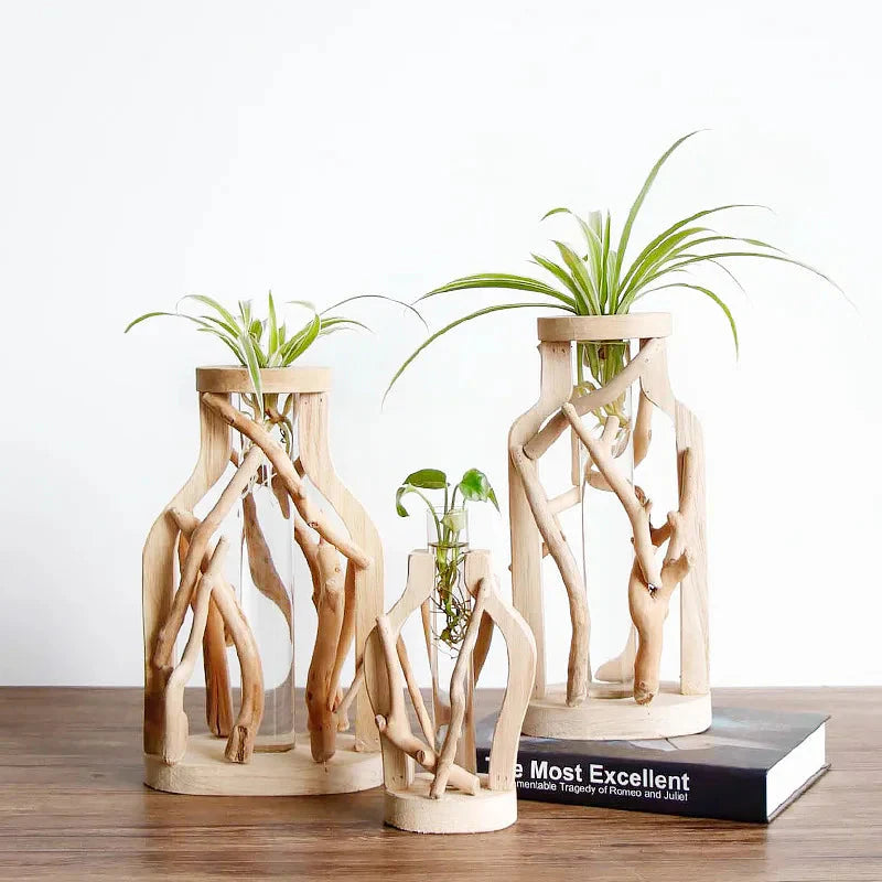 Kreative Holzvase Dekorierter Solides Holz Blumentopf für Glas-Hydrokultur Heim Dekorative Vase Tischplatte Heimdekoration