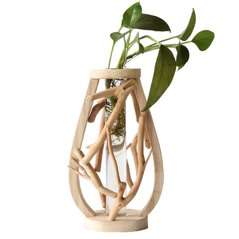 Kreative Holzvase Dekorierter Solides Holz Blumentopf für Glas-Hydrokultur Heim Dekorative Vase Tischplatte Heimdekoration