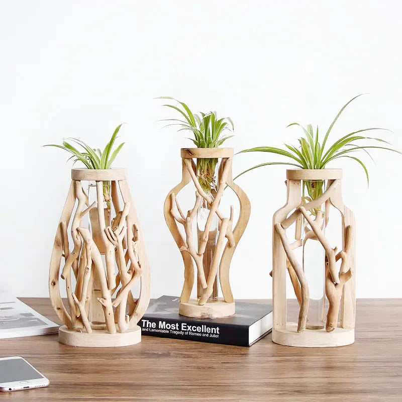 Kreative Holzvase Dekorierter Solides Holz Blumentopf für Glas-Hydrokultur Heim Dekorative Vase Tischplatte Heimdekoration