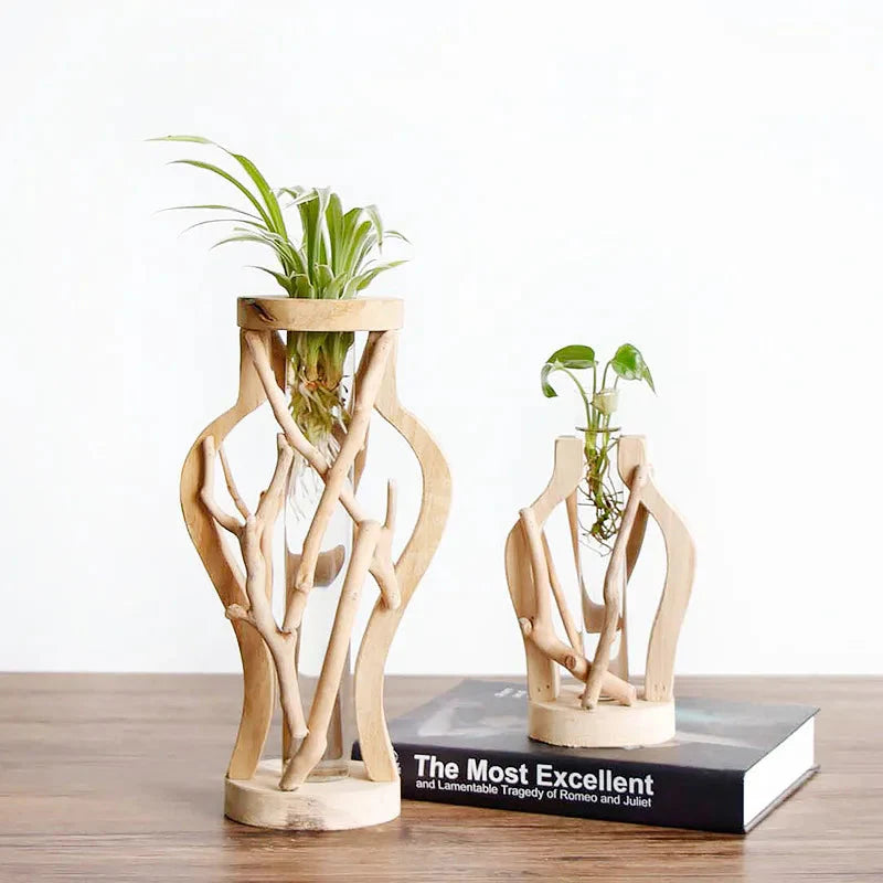 Kreative Holzvase Dekorierter Solides Holz Blumentopf für Glas-Hydrokultur Heim Dekorative Vase Tischplatte Heimdekoration