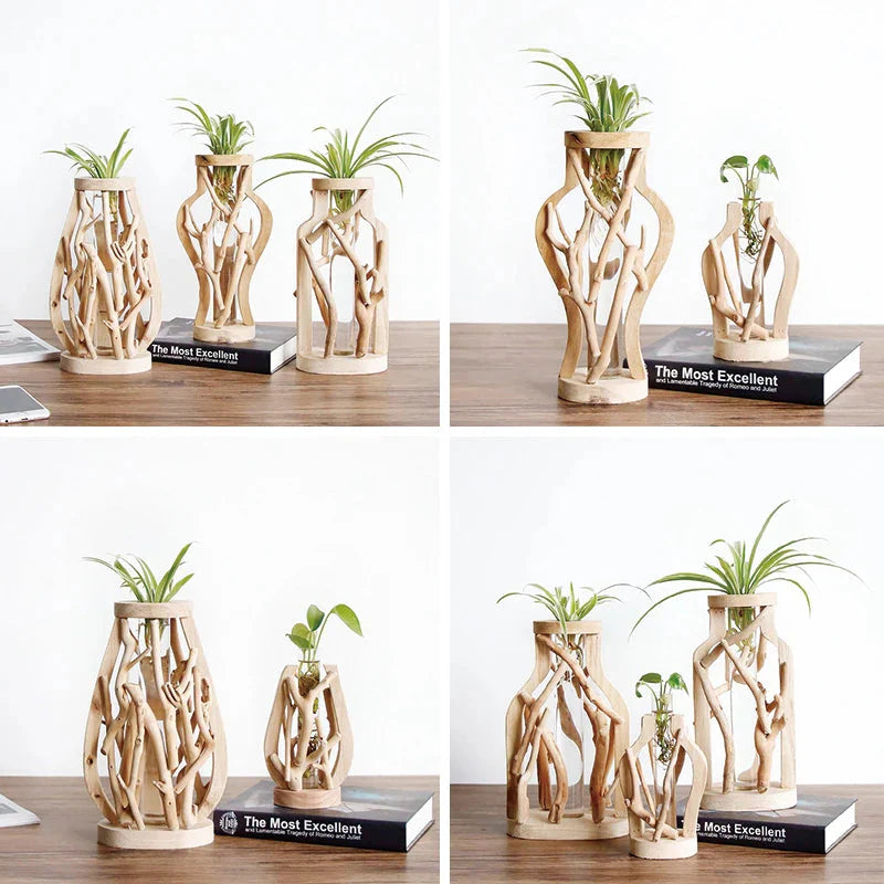 Kreative Holzvase Dekorierter Solides Holz Blumentopf für Glas-Hydrokultur Heim Dekorative Vase Tischplatte Heimdekoration