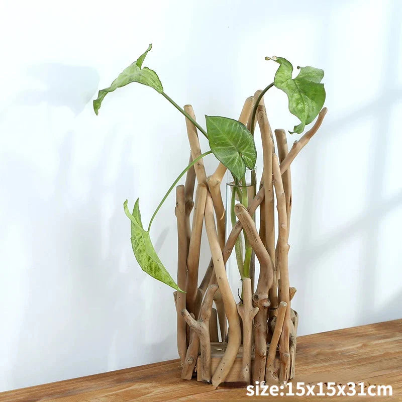 Kreative Holzvase Dekorierter Solides Holz Blumentopf für Glas-Hydrokultur Heim Dekorative Vase Tischplatte Heimdekoration