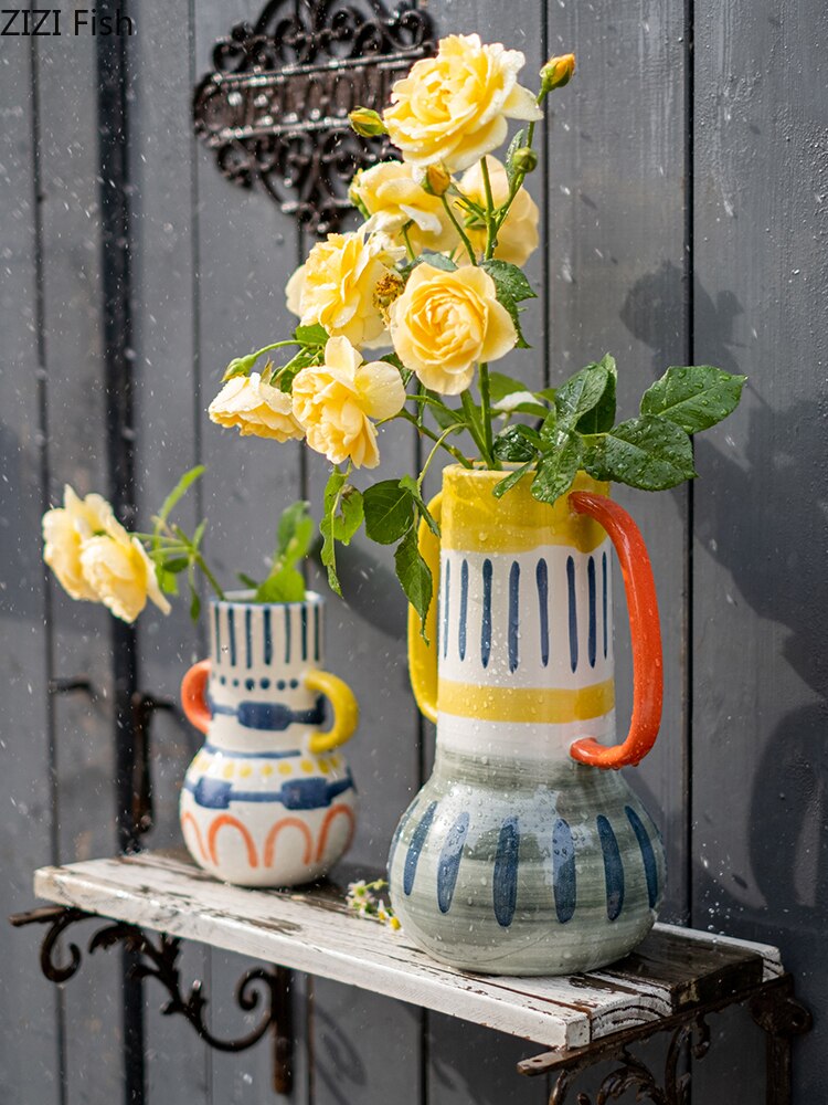 Kreative keramische Vase Abstrakte Farben Graffiti Griff Handgemachte Kunst Blumenvase Keramische Handwerksverzierungen Wohnkultur