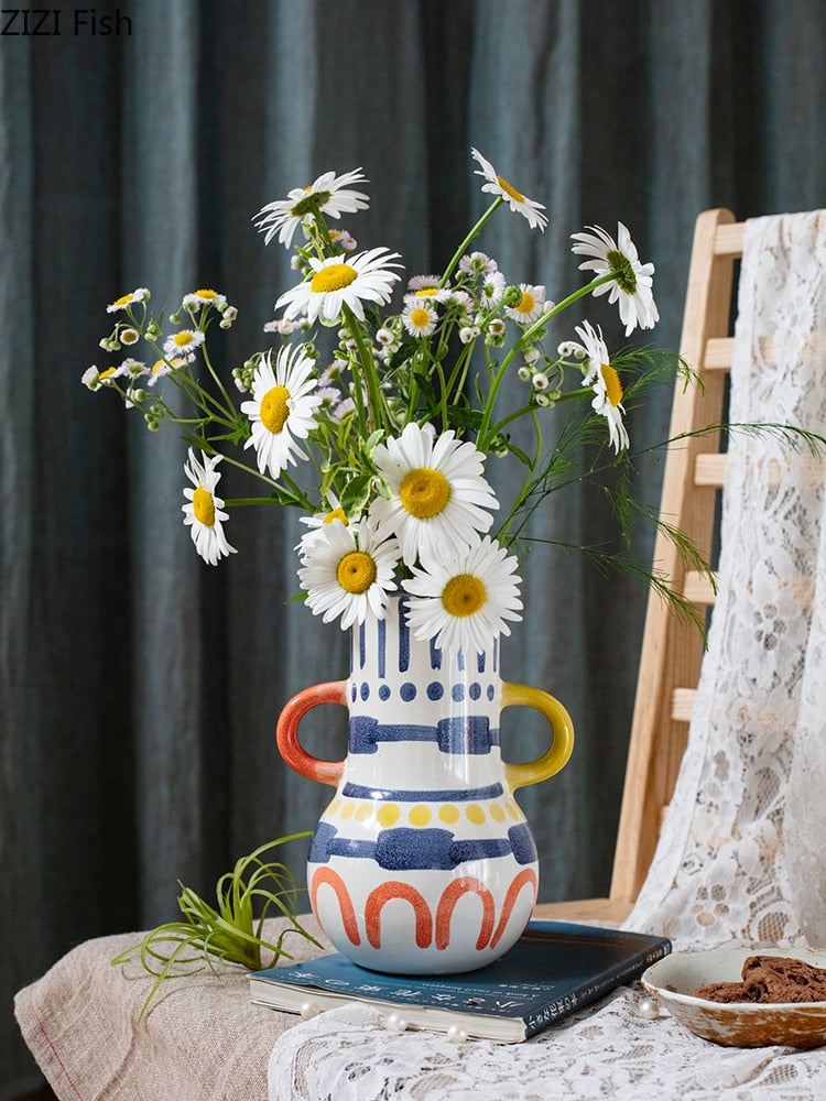 Kreative keramische Vase Abstrakte Farben Graffiti Griff Handgemachte Kunst Blumenvase Keramische Handwerksverzierungen Wohnkultur
