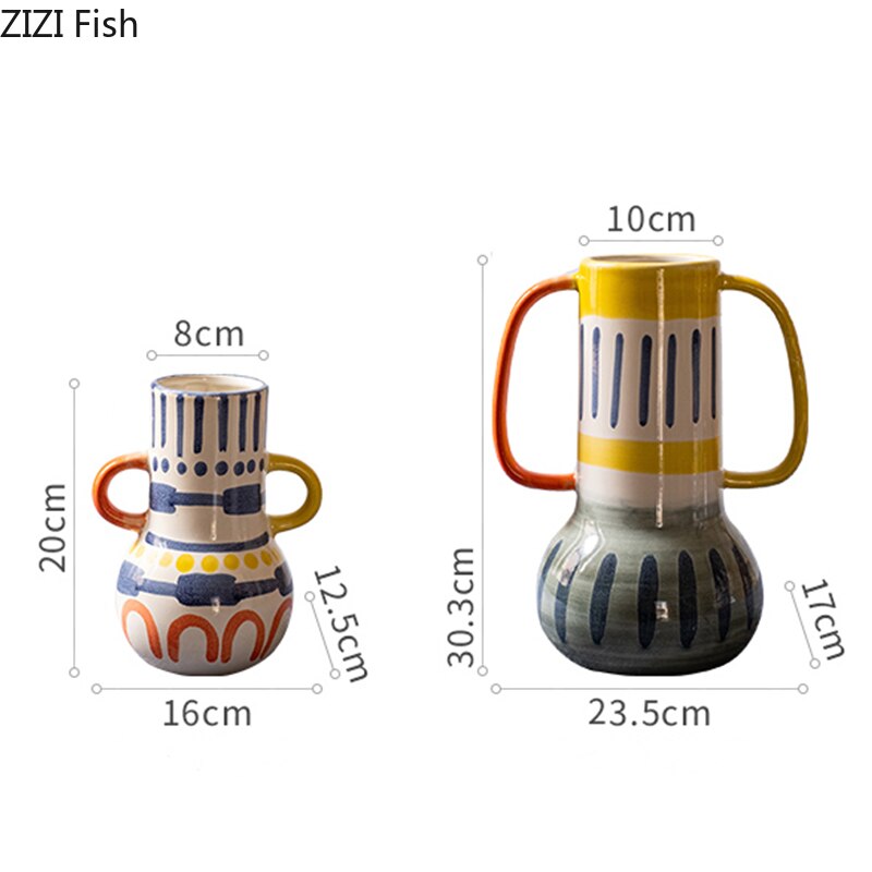 Kreative keramische Vase Abstrakte Farben Graffiti Griff Handgemachte Kunst Blumenvase Keramische Handwerksverzierungen Wohnkultur