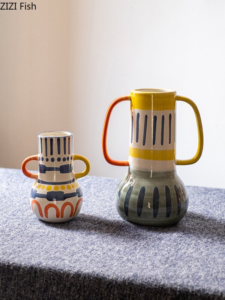 Kreative keramische Vase Abstrakte Farben Graffiti Griff Handgemachte Kunst Blumenvase Keramische Handwerksverzierungen Wohnkultur