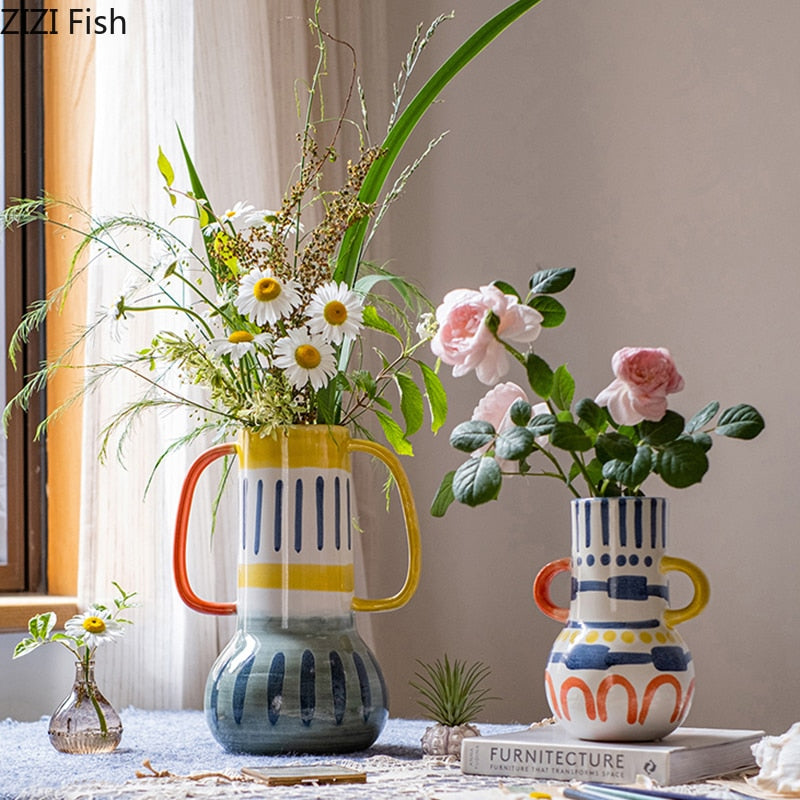 Kreative keramische Vase Abstrakte Farben Graffiti Griff Handgemachte Kunst Blumenvase Keramische Handwerksverzierungen Wohnkultur
