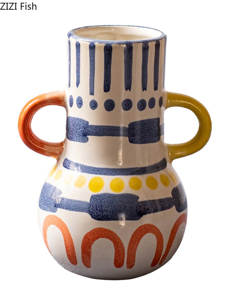 Kreative keramische Vase Abstrakte Farben Graffiti Griff Handgemachte Kunst Blumenvase Keramische Handwerksverzierungen Wohnkultur