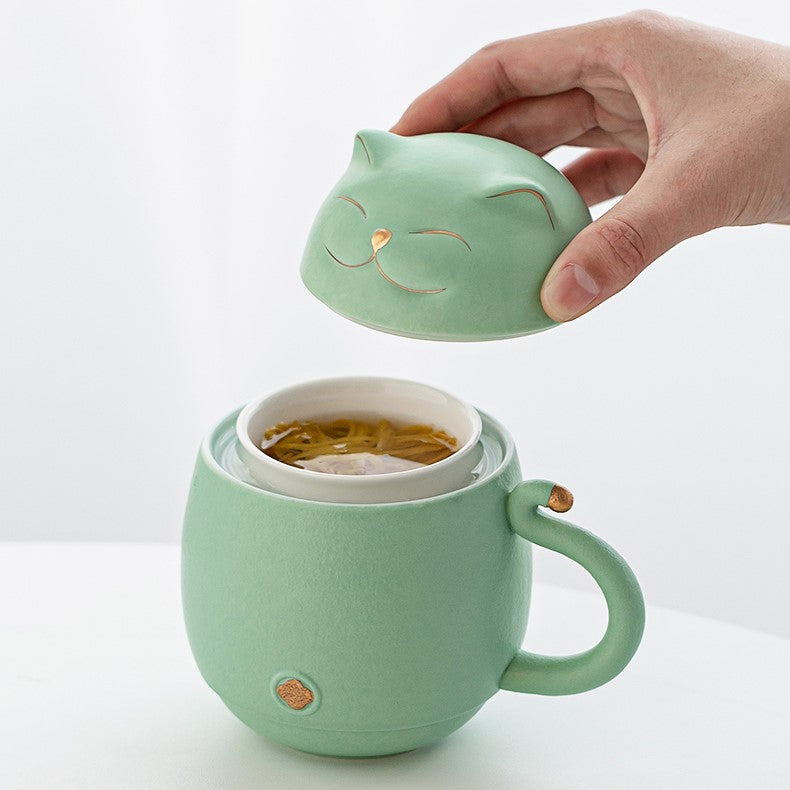 Niedliche Katzen-Teetasse aus Keramik mit Sieb